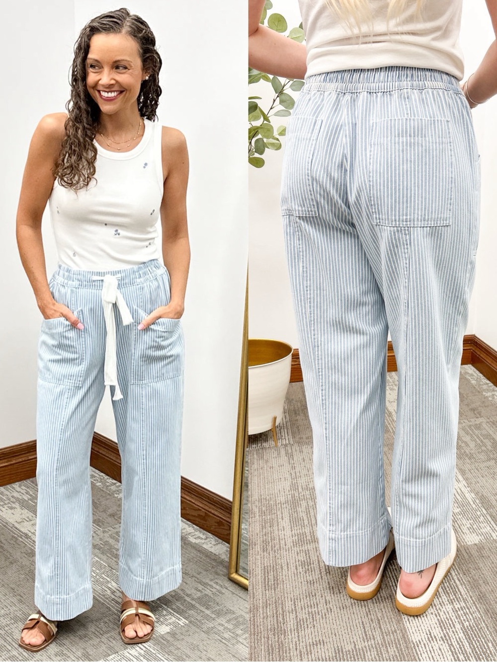 En Merci Blue Striped Wide Leg Drawstring Pants